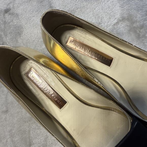 Rupert Sanderson London Gold Mirror Peep Open Toe Black Bow Retro Style Flats - Picture 9 of 13